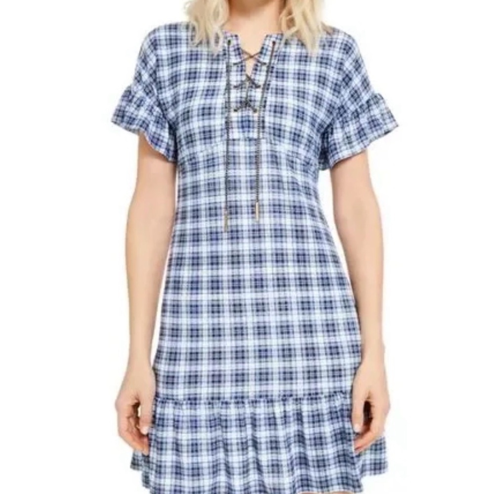 Michael Kors Womens Blue Plaid Tie Chain Ruffle Dress Grunge Check Size Medium